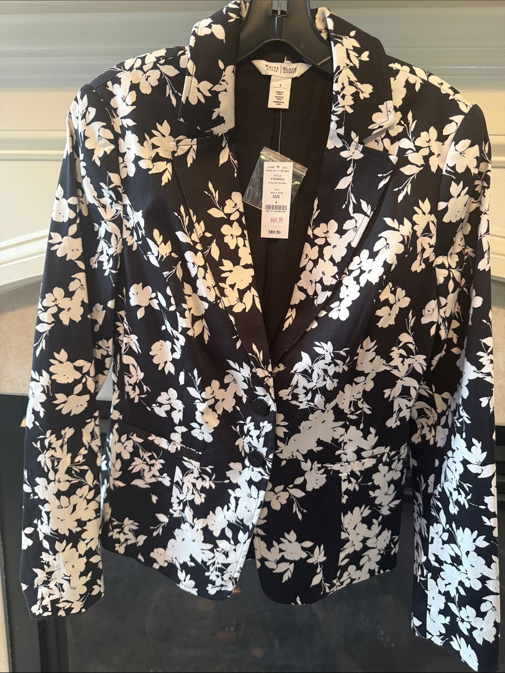 White House Black Market Black Blazer with White Floral Pattern